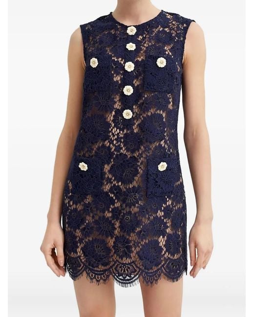 Self-Portrait Blue Flower-Button Lace Mini Dress
