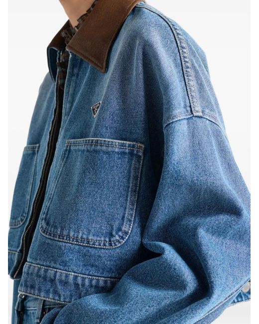 Veste En Jean À Col En Cuir Prada en coloris Blue