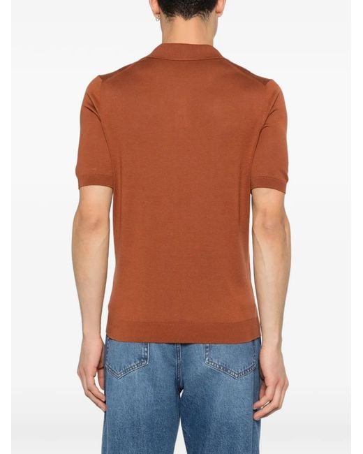 Tagliatore Orange Silk Polo Collar Slit Neckline Short Sleeve T-Shirt for men