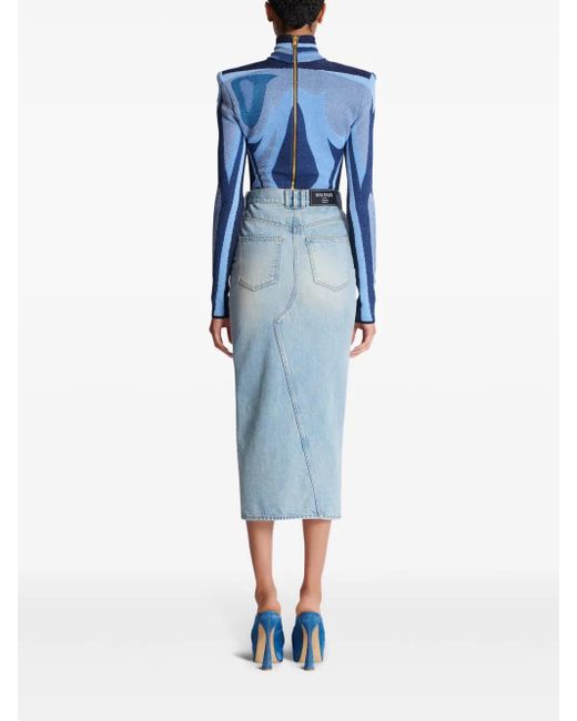 Balmain Blue Denim Midi Skirt