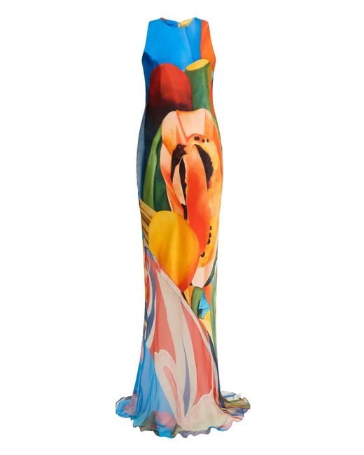 Donde Esteban White Salpicon Long Silk Dress