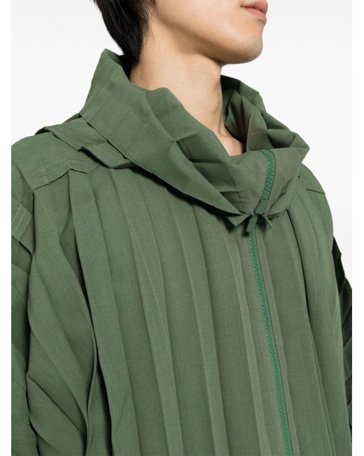 Homme Plissé Issey Miyake Green Pleated Hooded Coat for men