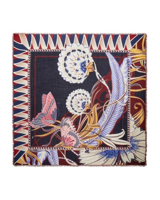 Fular con motivo floral y flecos Ferragamo de color Blue