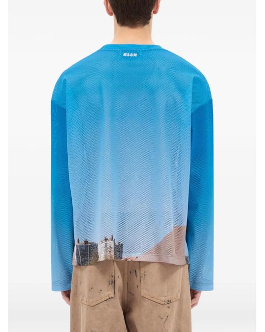 MSGM Blue T-Shirt Imprimé À Manches Longues for men