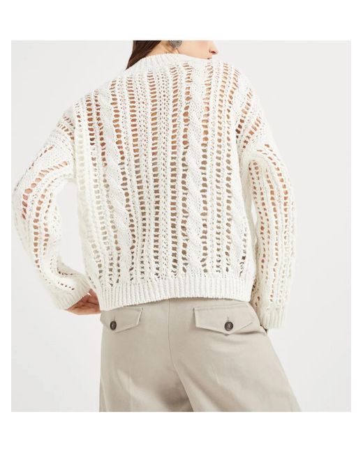 Brunello Cucinelli レディース ホワイト オープンニット セーターの