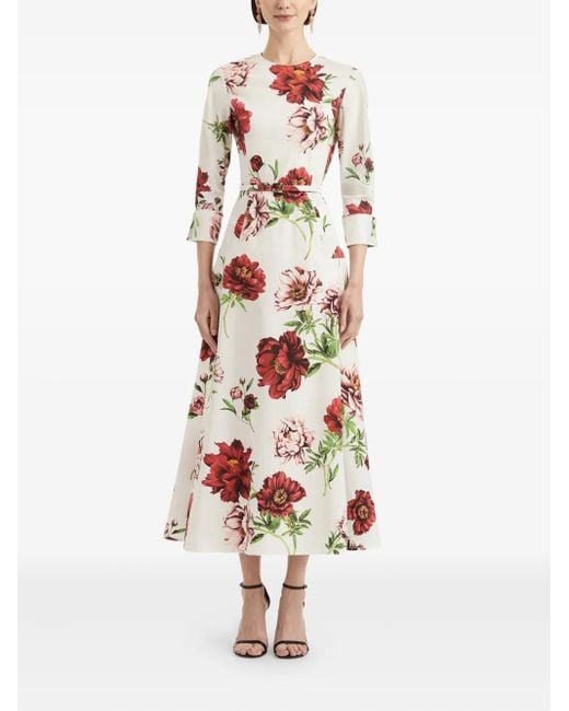 Oscar de la Renta White Peony-Print Three-Quarter Sleeves Maxi Dress