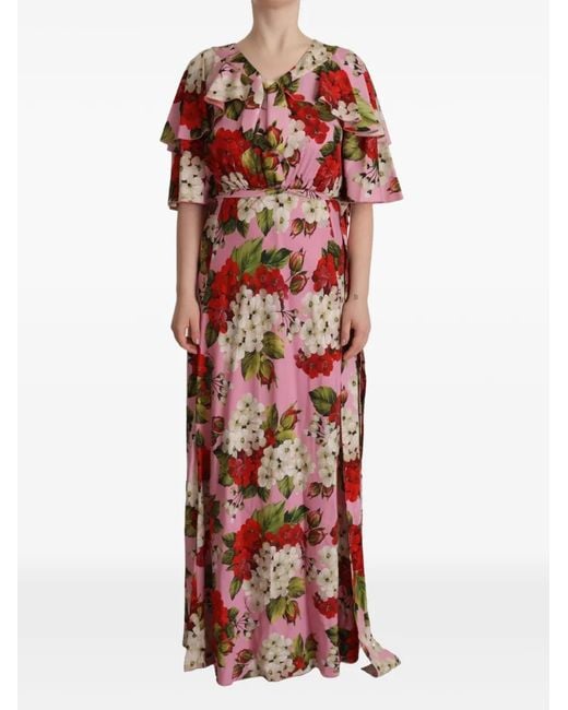 Dolce & Gabbana Red Floral-Print Ruffled Maxi Dress