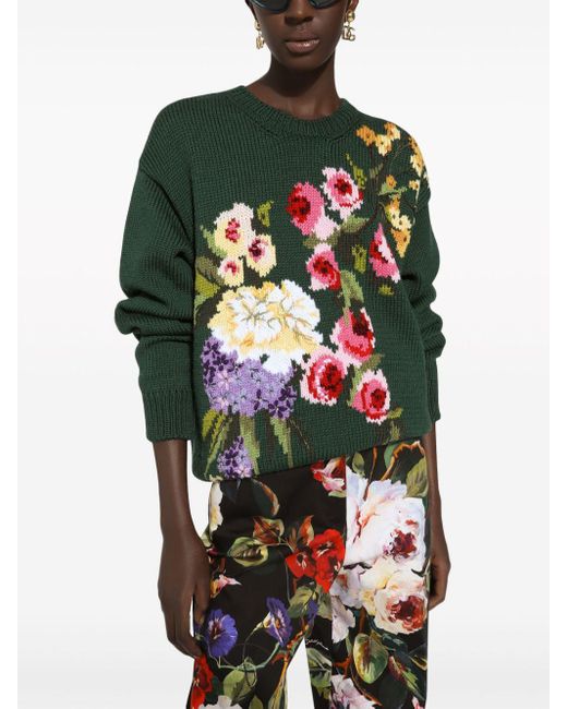 Dolce & Gabbana Green Floral Intarsia-knit Virgin Wool Jumper