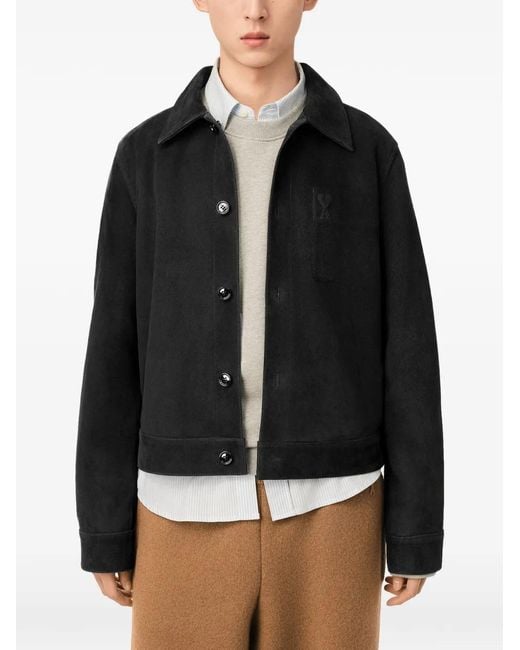 AMI Black Suede Leather Jacket With Embossed Ami De Coeur for men