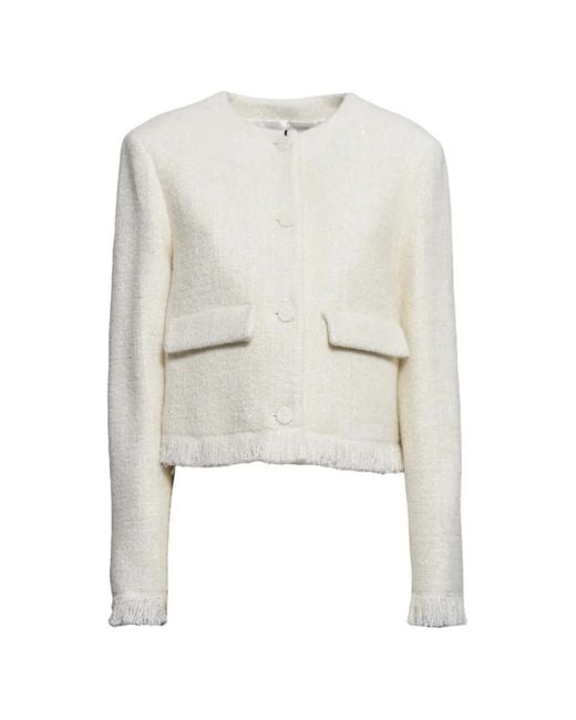 MSGM White Fringed Flap-Pockets Tweed Jacket