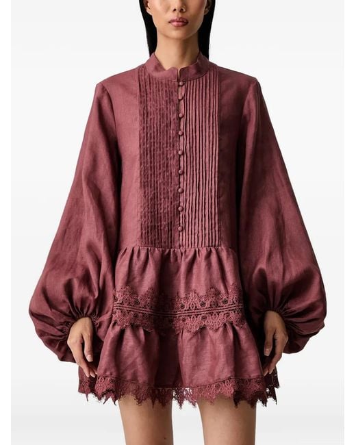 Bardot Red Lace-Trim Pleated-Bib Dress