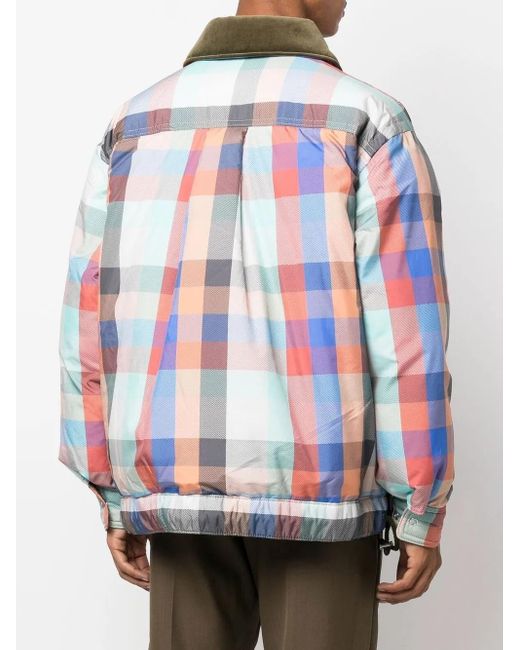 Sacai Blue Check-Pattern Zip-Up Bomber Jacket for men