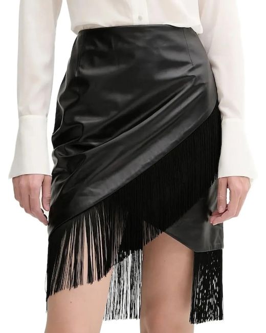 IRO Black Leather Fringe Asymmetric Midi Skirt