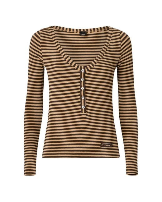 Pinko Brown Striped Ribbed-Knit T-Shirt