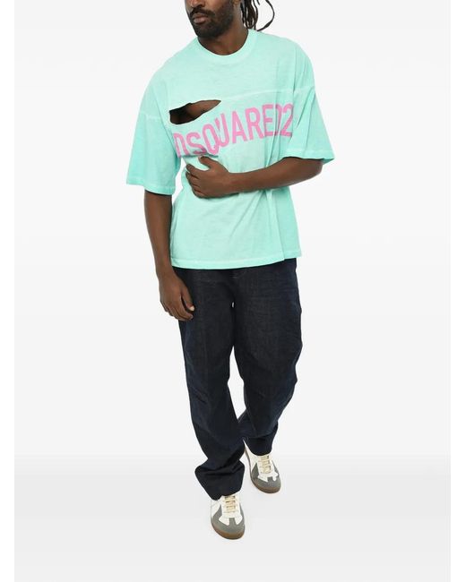 DSquared² Blue Logo-Print Distressed T-Shirt for men