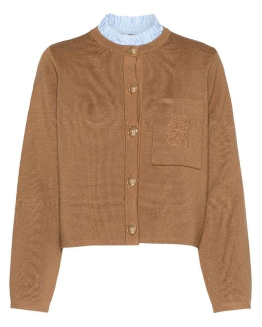 Sandro Brown Detachable-Collar Waffle-Knit Cardigan