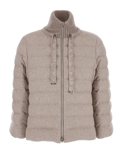 Herno Gray Down Jacket With Drawstring High Neck And Removable Gloves
