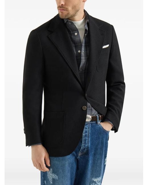 Brunello Cucinelli Black Cashmere Panama Deconstructed Blazer With Patch Pockets for men