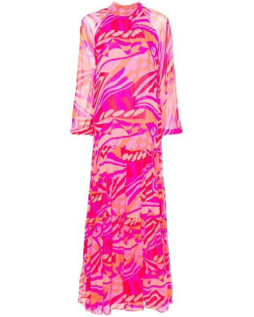 Nissa Pink Abstract-print Silk Maxi Dress