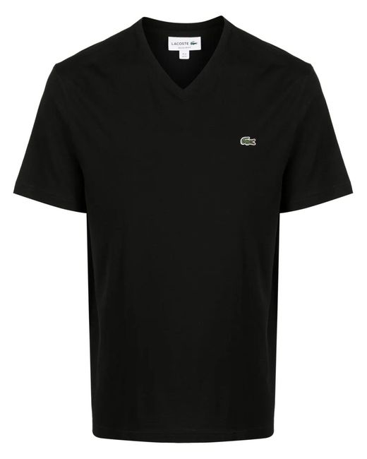Lacoste Black Crocodile Logo-Patch V-Neck T-Shirt for men