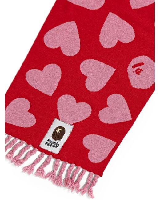 A Bathing Ape Red Heart-Pattern Fringed Scarf