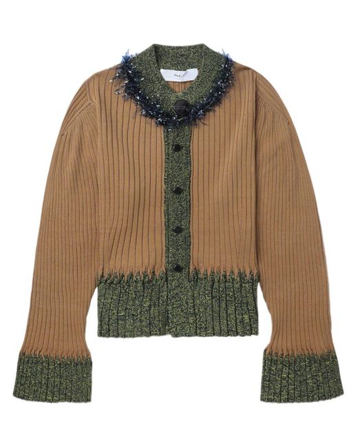 Toga Green Feather-trim Ribbed Cardigan