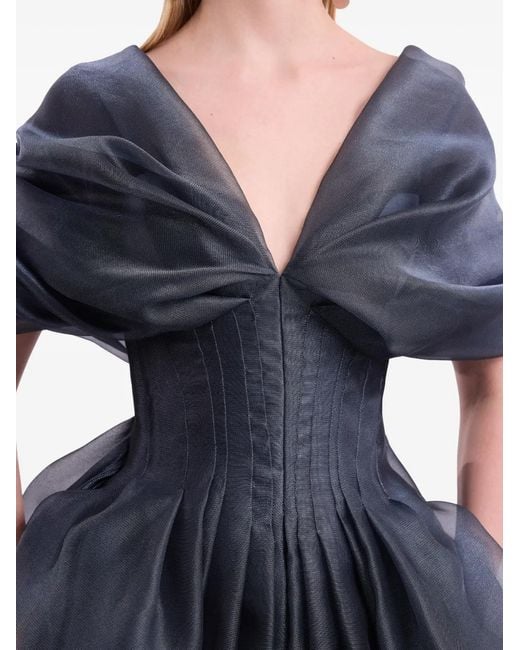 Gemy Maalouf Blue Draped V-Neck Gown