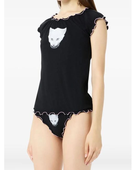 Blumarine Black Cat-Print Ruffled T-Shirt