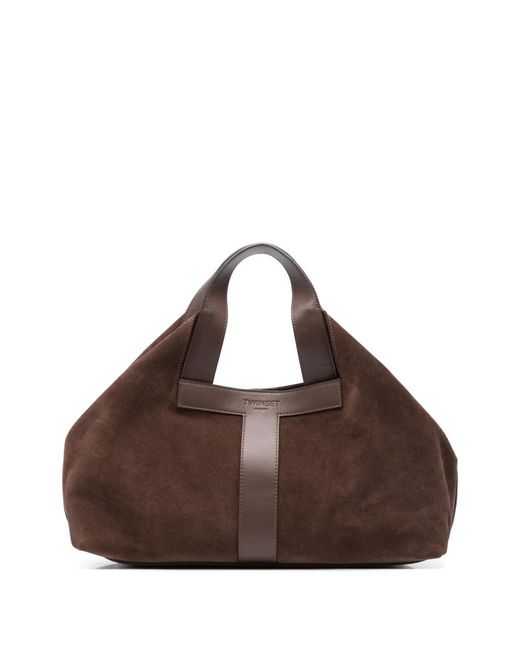 Twinset Brown Suede-Panelled Tote Bag