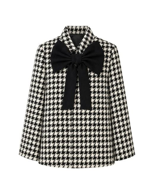Alice + Olivia Black Philippa Houndstooth-Pattern Bow-Detail Cape