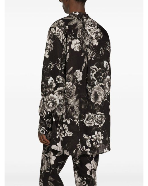 Dolce & Gabbana Black Floral-print Linen Shirt for men