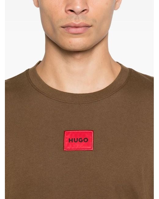 HUGO Brown Logo-Embroidered Cotton T-Shirt for men