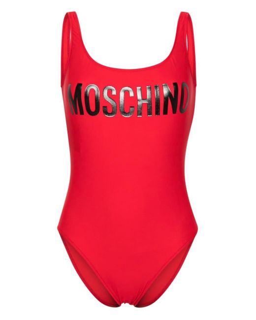 Moschino Red Rückenfreier Badeanzug mit Logo-Print