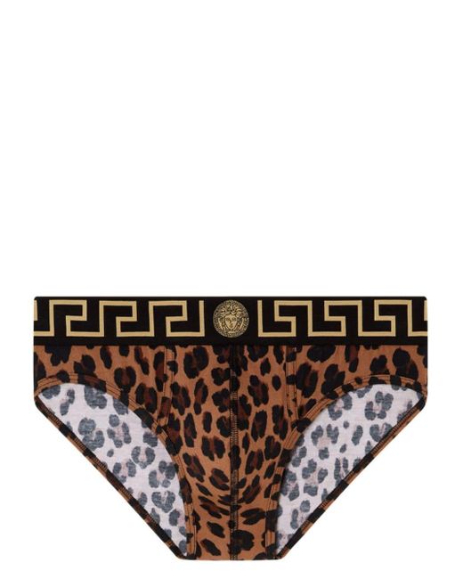 Versace Brown Greca Border Leopard-Print Briefs for men