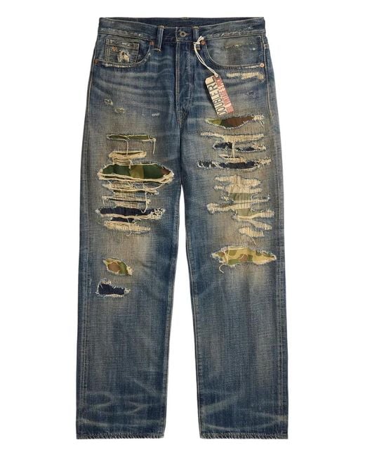 RRL Blue Ripped Camouflage-Detail Trousers for men