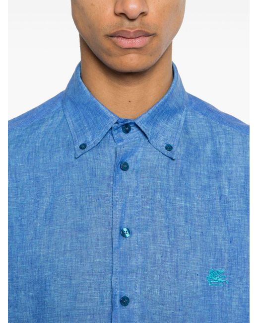 Etro Leinenhemd mit Pegaso-Stickerei in Blue für Herren