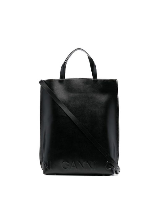 Ganni Leather Debossed-logo Tote Bag in Black | Lyst UK