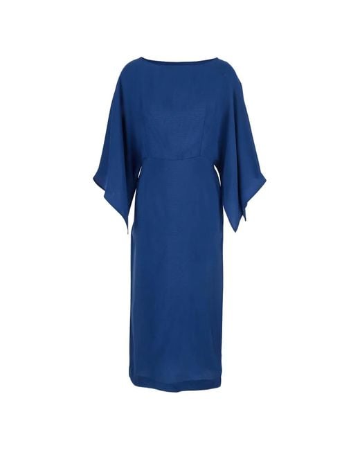 ..,merci Blue Cape-Sleeve Boat-Neck Midi Dress