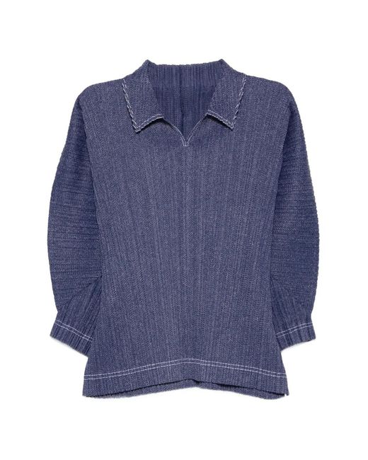 Pleats Please Issey Miyake Blue V-Neck T-Shirt
