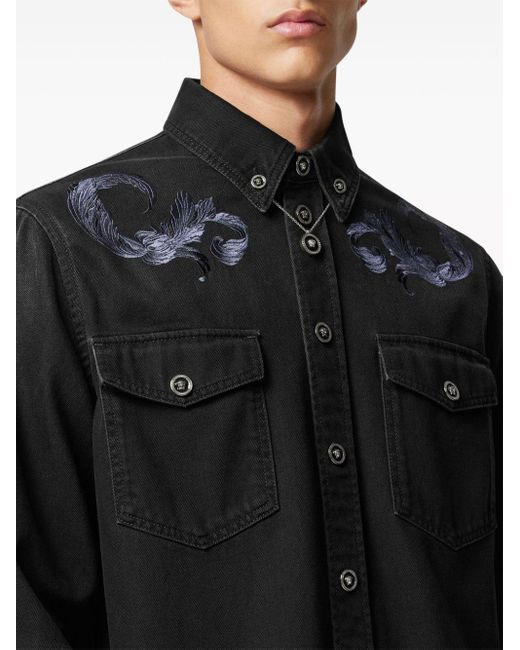 Versace Black Barocco Embroidered Denim Overshirt for men