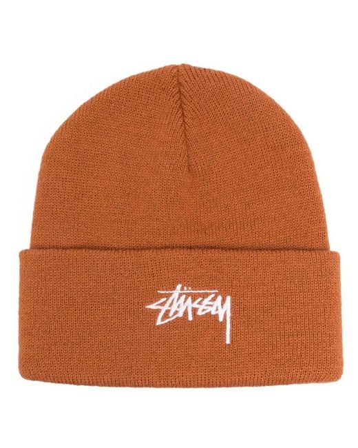 Stussy Brown Embroidered-Logo Beanie Hat for men