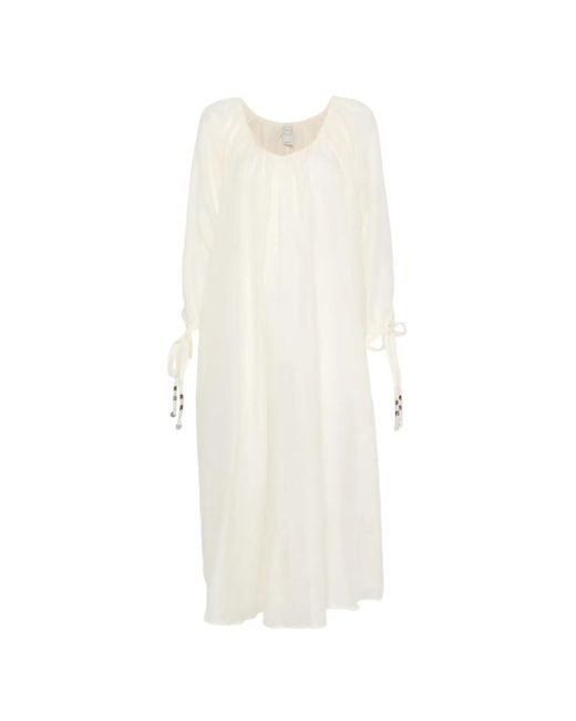 120% Lino White Bead-Embellished Tie-Cuff Maxi Dress