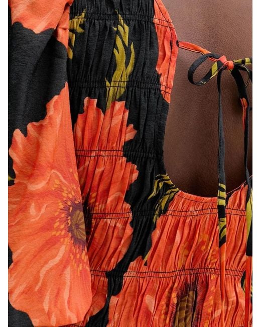 Never Fully Dressed Orange Shirred Floral Midi Dress