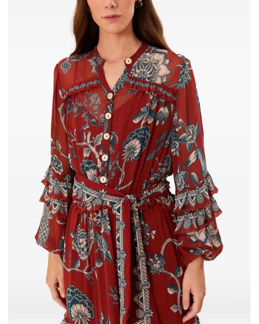 Farm Rio Midi-Jurk Met Bloemenprint En Ruches in het Red