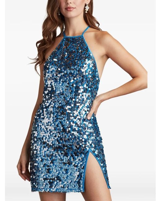 Tadashi Shoji Blue Joia Sequined Halterneck Mini Dress