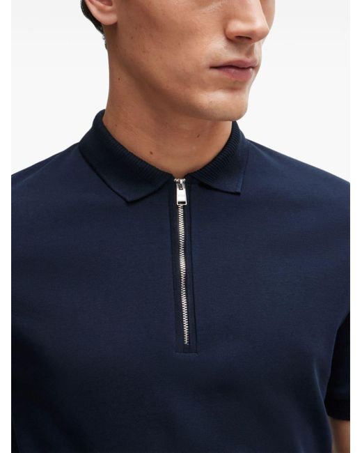 Boss Blue Zip-neck Cotton Polo Shirt for men
