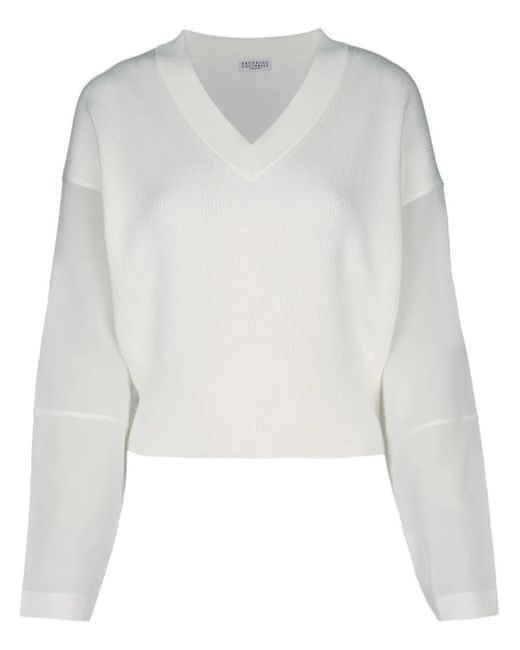 Maglione Con Scollo A V di Brunello Cucinelli in White