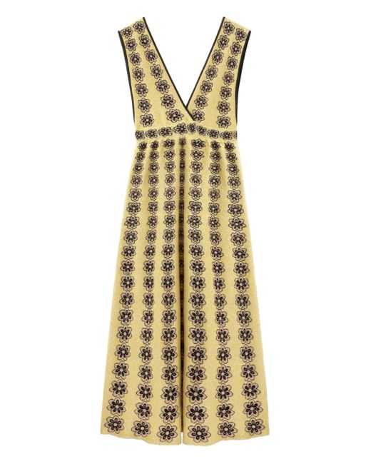 LaDoubleJ Metallic Caper Floral-Embroidered V-Neck Maxi Dress
