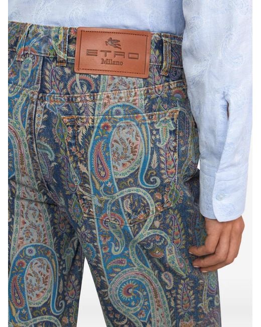 Etro Blue Flared Denim Jeans With A Floral Paisley Motif