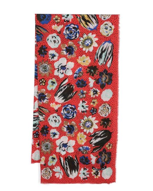 Bimba Y Lola Red Fringed Floral-print Scarf
